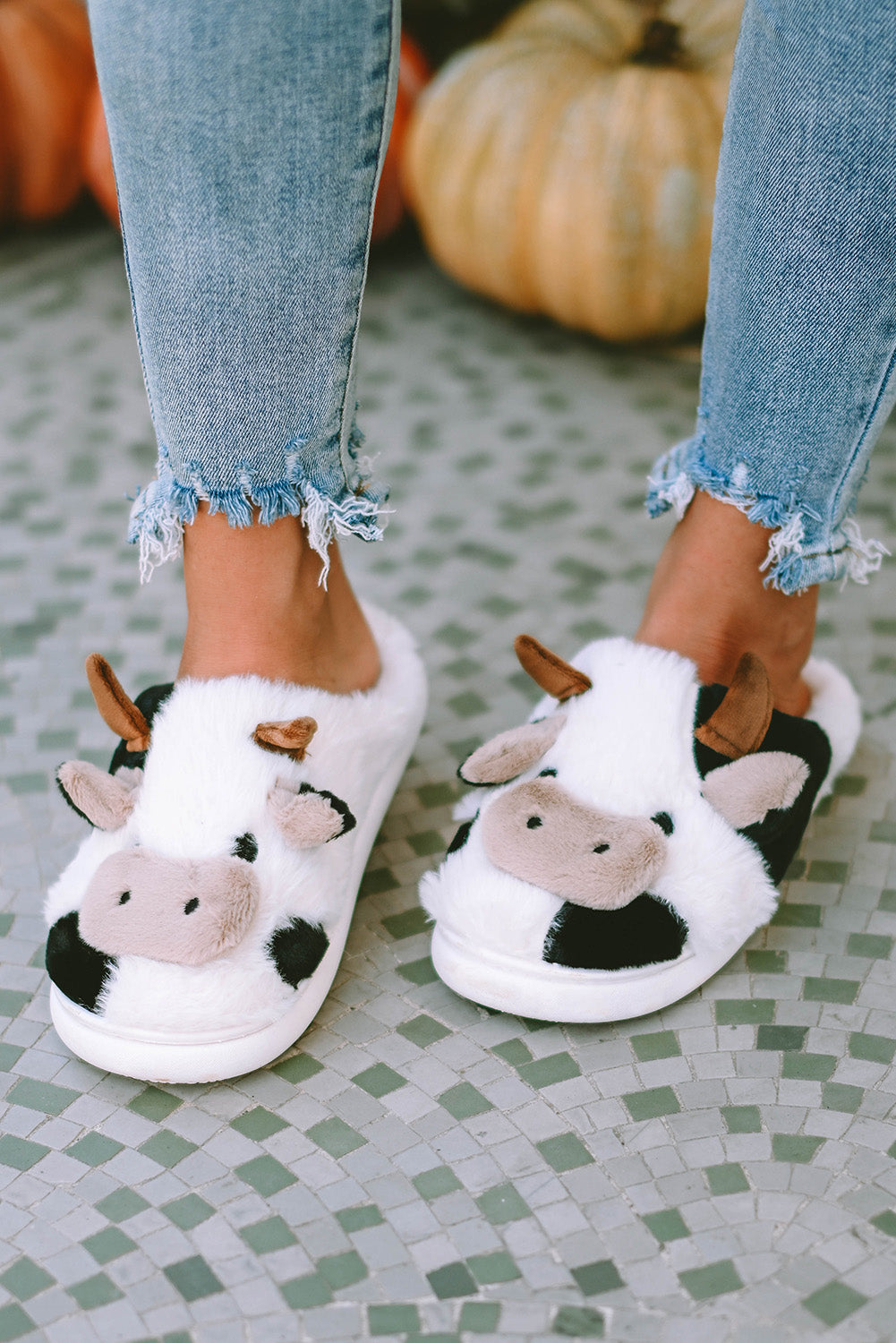 White Cartoon Animal Cow Plush Slippers